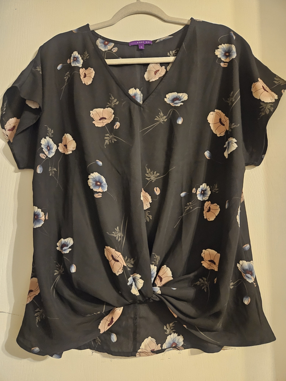 West Kei Floral Twist Front Blouse Black Peach Blue Size Large